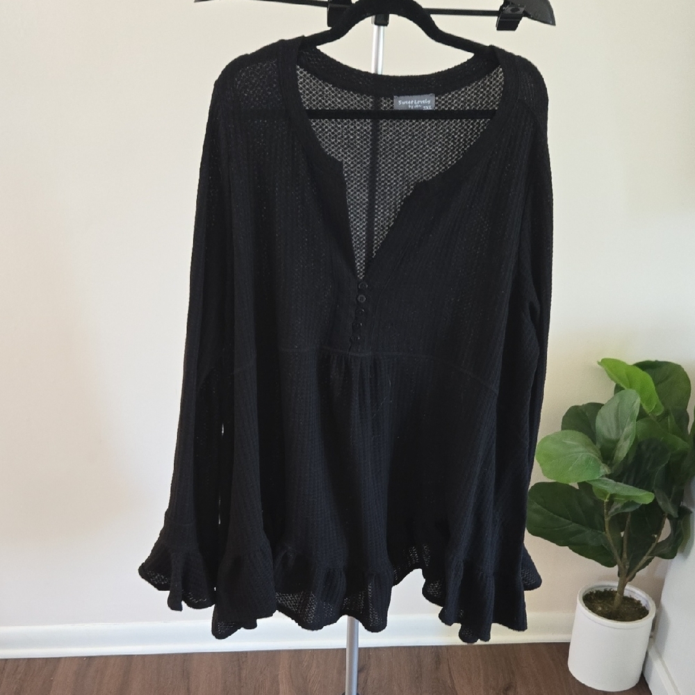 Black Ruffle Hem Blouse With Bell Sleeves At Wrist